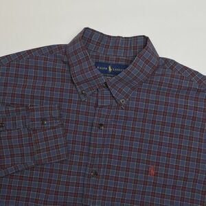 Polo‎ Ralph Lauren Shirt Men's Large Red Blue Plaid Classic 100% Cotton Stretch
